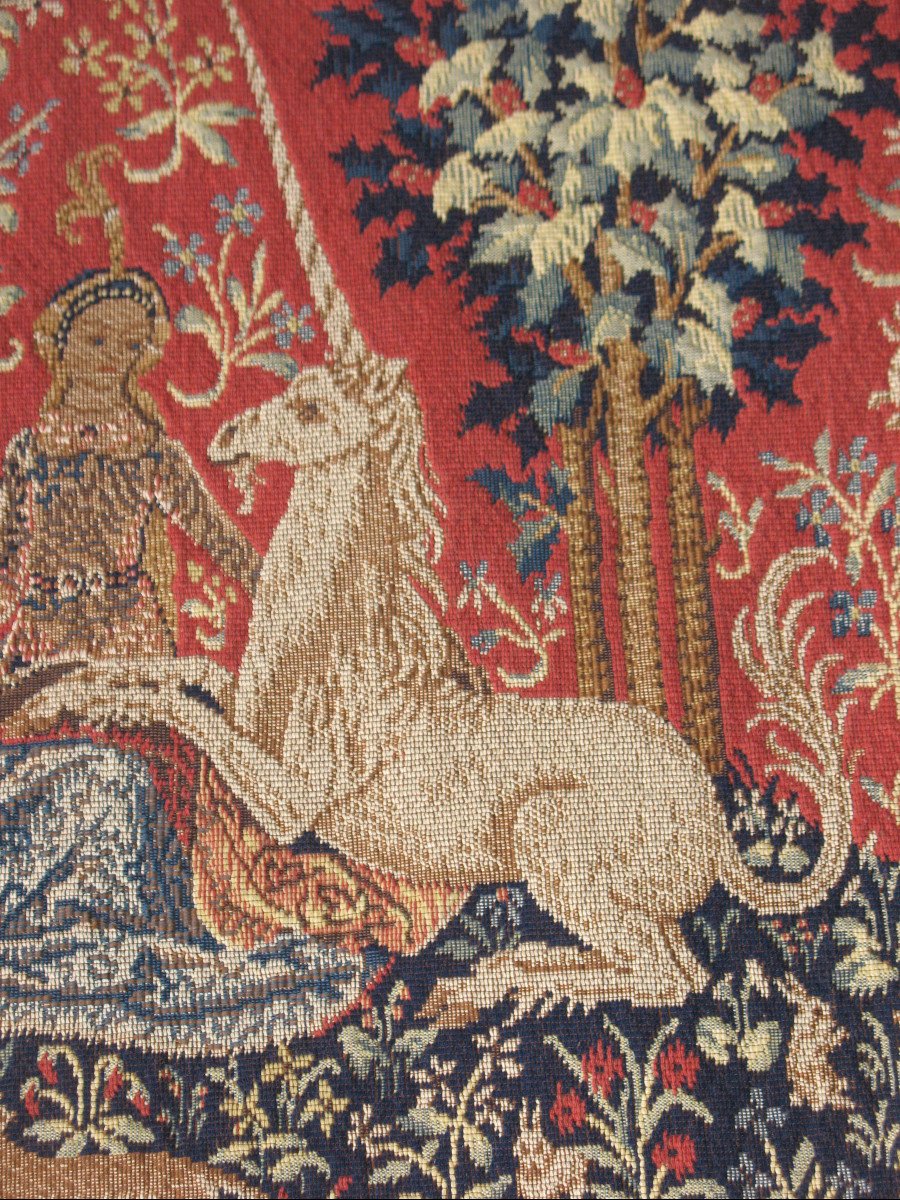 Pair Of Large Halluin Tapestries The Lady With The Unicorn: Touch - Sight 105 X 130 Cm-photo-3