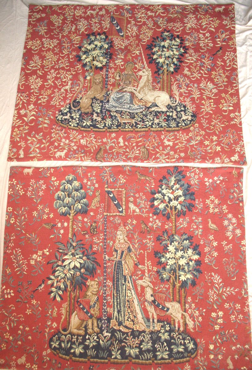 Pair Of Large Halluin Tapestries The Lady With The Unicorn: Touch - Sight 105 X 130 Cm