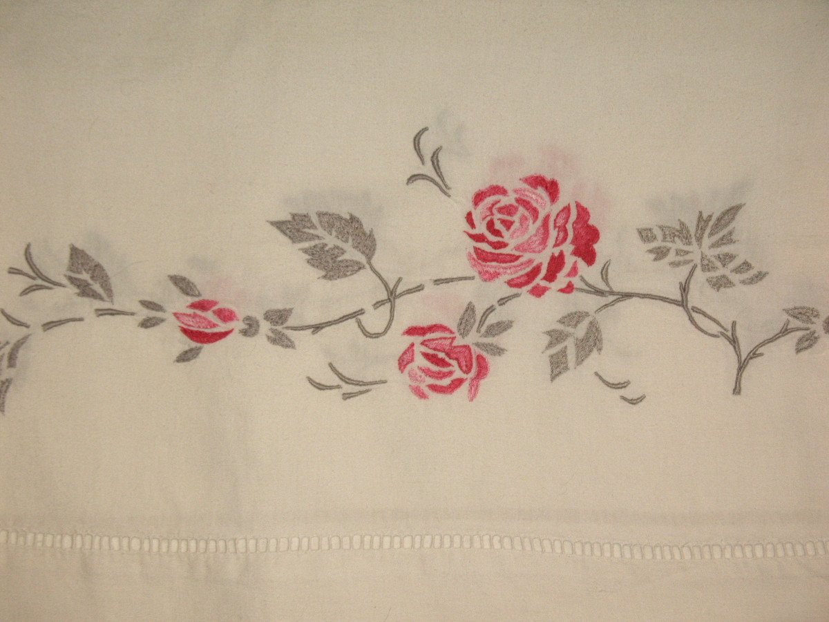 Set Of 2 Embroidered Sheets And Their Pillowcases Decorated With Embroidered Roses, 20th Century-photo-4