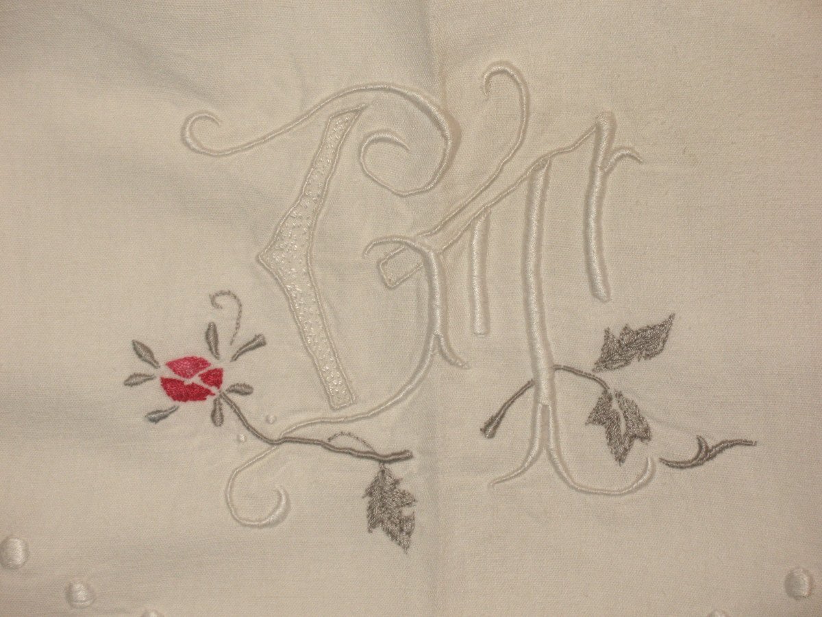 Set Of 2 Embroidered Sheets And Their Pillowcases Decorated With Embroidered Roses, 20th Century-photo-5