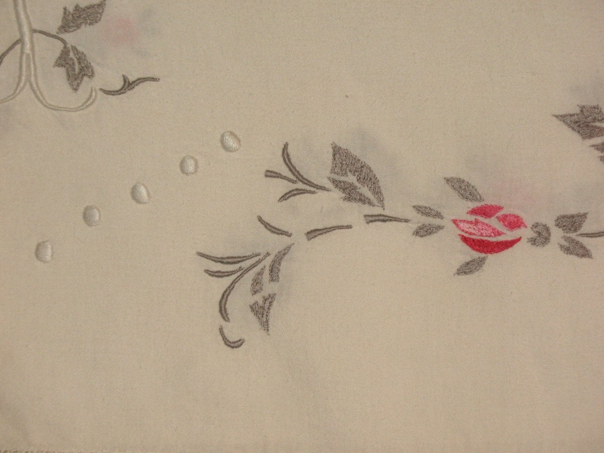 Set Of 2 Embroidered Sheets And Their Pillowcases Decorated With Embroidered Roses, 20th Century-photo-6