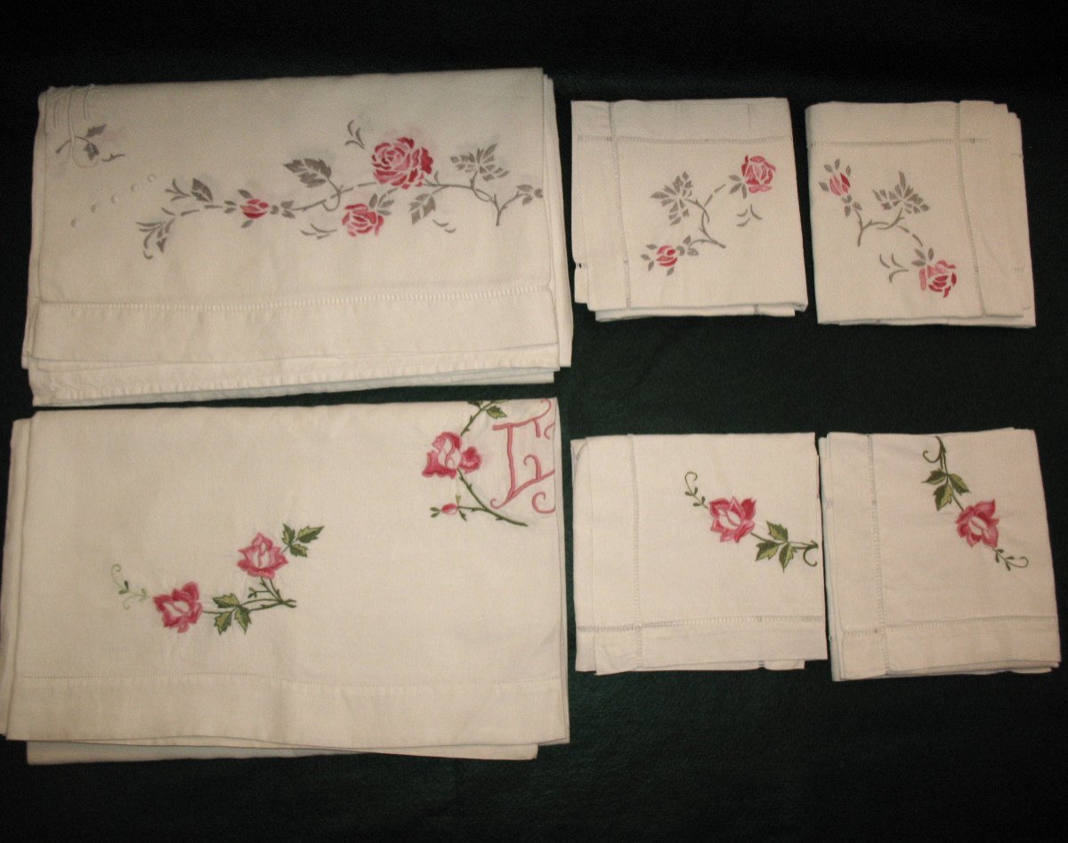 Set Of 2 Embroidered Sheets And Their Pillowcases Decorated With Embroidered Roses, 20th Century-photo-8