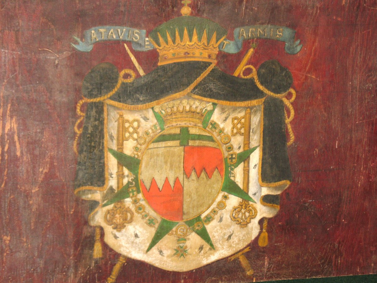 Coat Of Arms Painted On Coat Of Arms Panel With Heraldic Motto Ordre De Saint Lazare 19th Century-photo-2