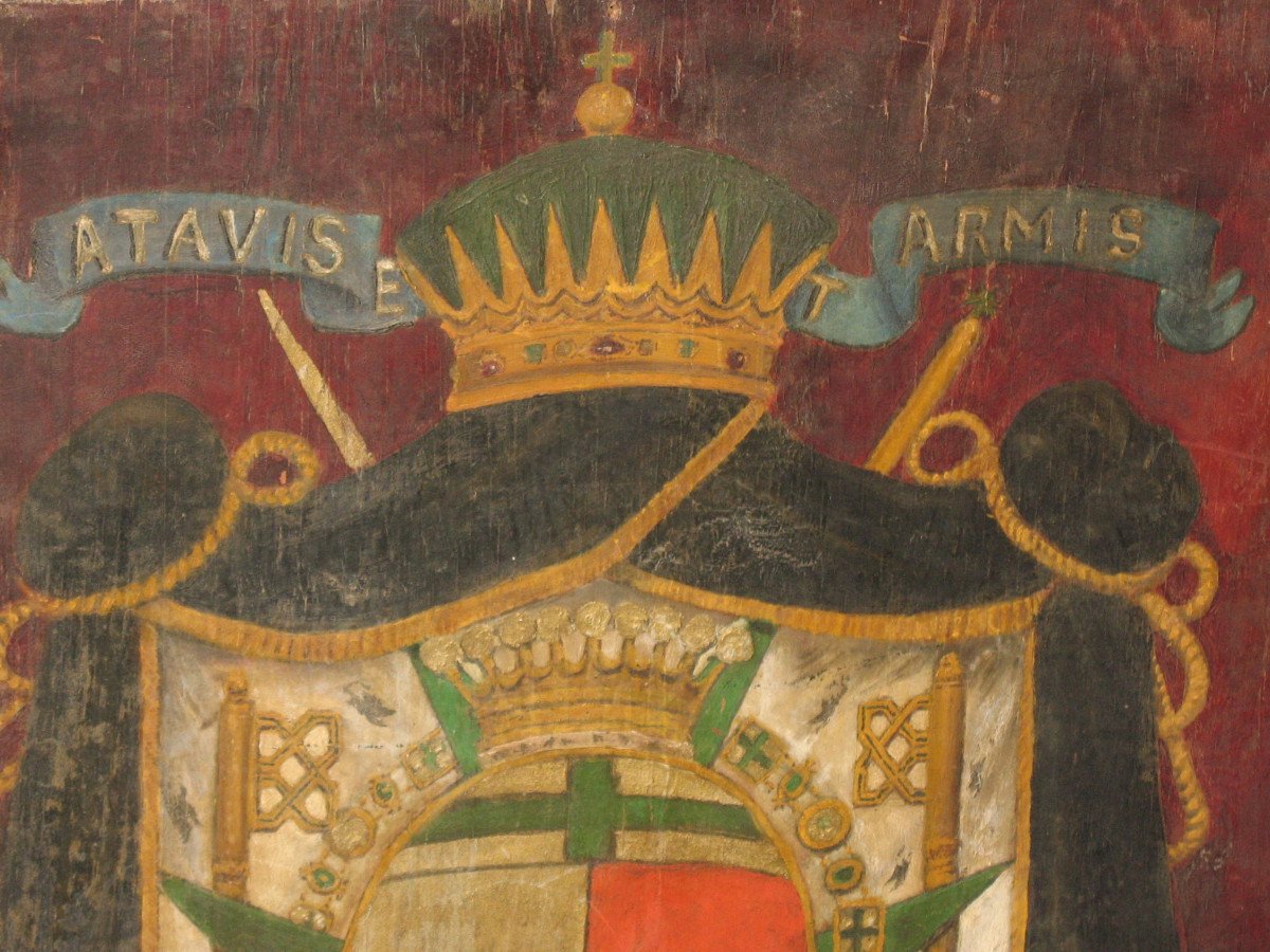 Coat Of Arms Painted On Coat Of Arms Panel With Heraldic Motto Ordre De Saint Lazare 19th Century-photo-3