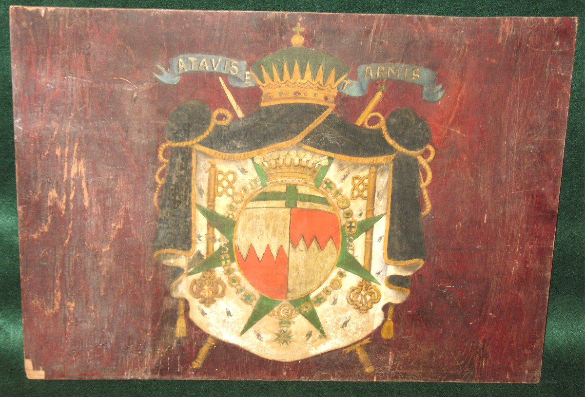 Coat Of Arms Painted On Coat Of Arms Panel With Heraldic Motto Ordre De Saint Lazare 19th Century