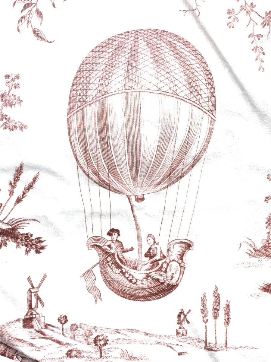 Paire de rideaux tentures décor Toile de Jouy au ballon de Gonesse Mongolfière époque 20ème-photo-1