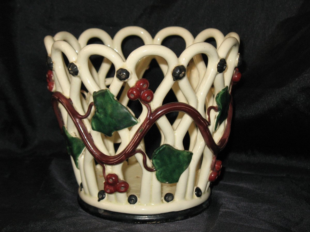 Langeais Earthenware Round Planter Decorated With Polychrome Berries Signed Ep. 19th-photo-2