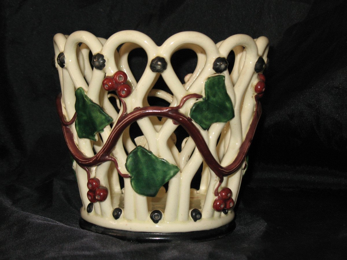 Langeais Earthenware Round Planter Decorated With Polychrome Berries Signed Ep. 19th-photo-5