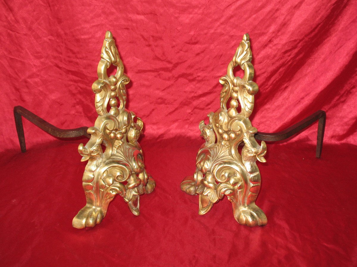 Pair Of Renaissance Style Bronze And Wrought Iron Andirons-photo-2