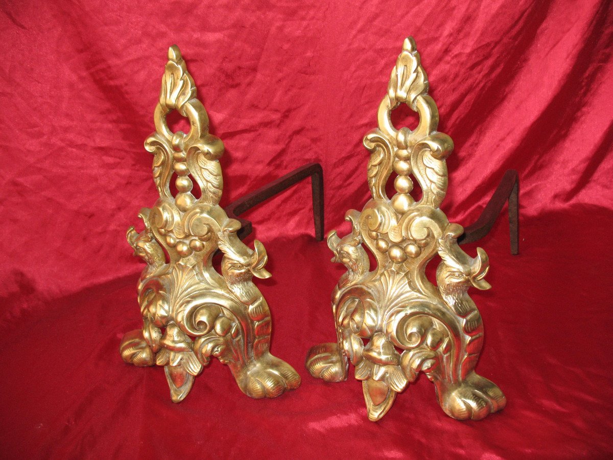 Pair Of Renaissance Style Bronze And Wrought Iron Andirons-photo-8