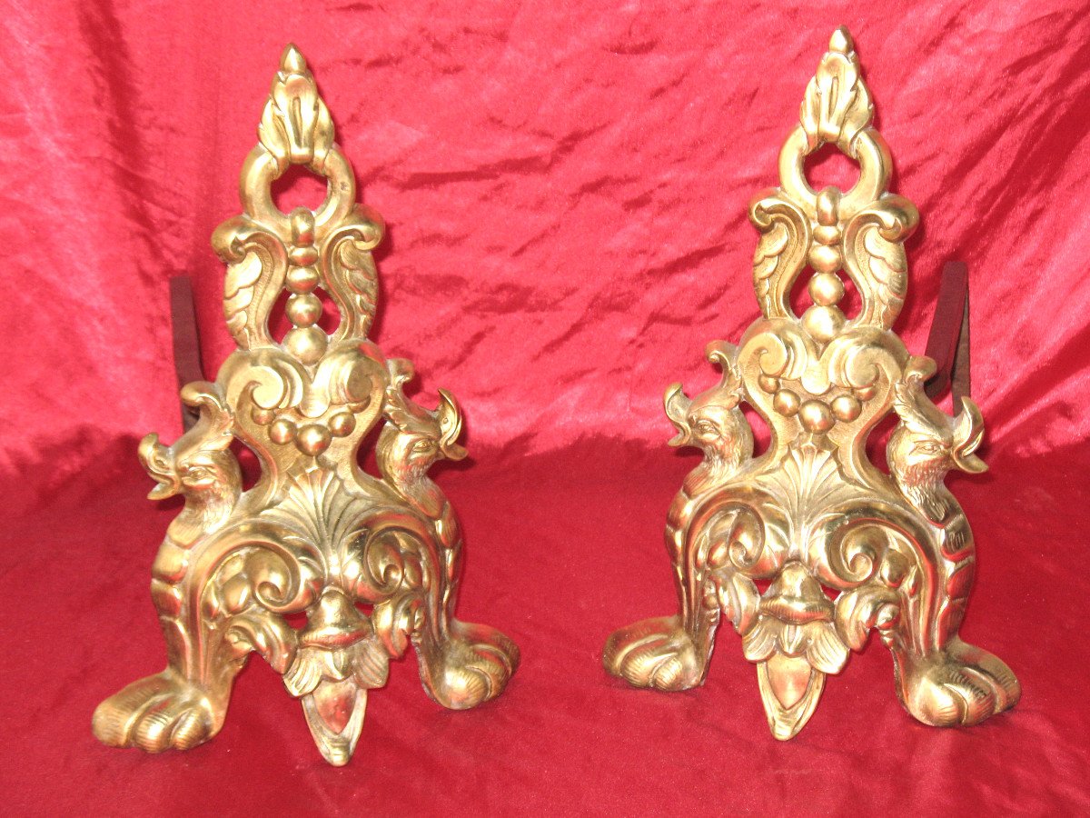 Pair Of Renaissance Style Bronze And Wrought Iron Andirons