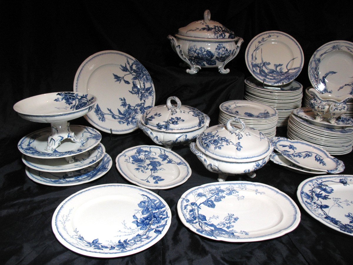 Table Service In Fine Bordeaux Earthenware Chevreuse Floral Decor 97 Pieces 19th Century-photo-3