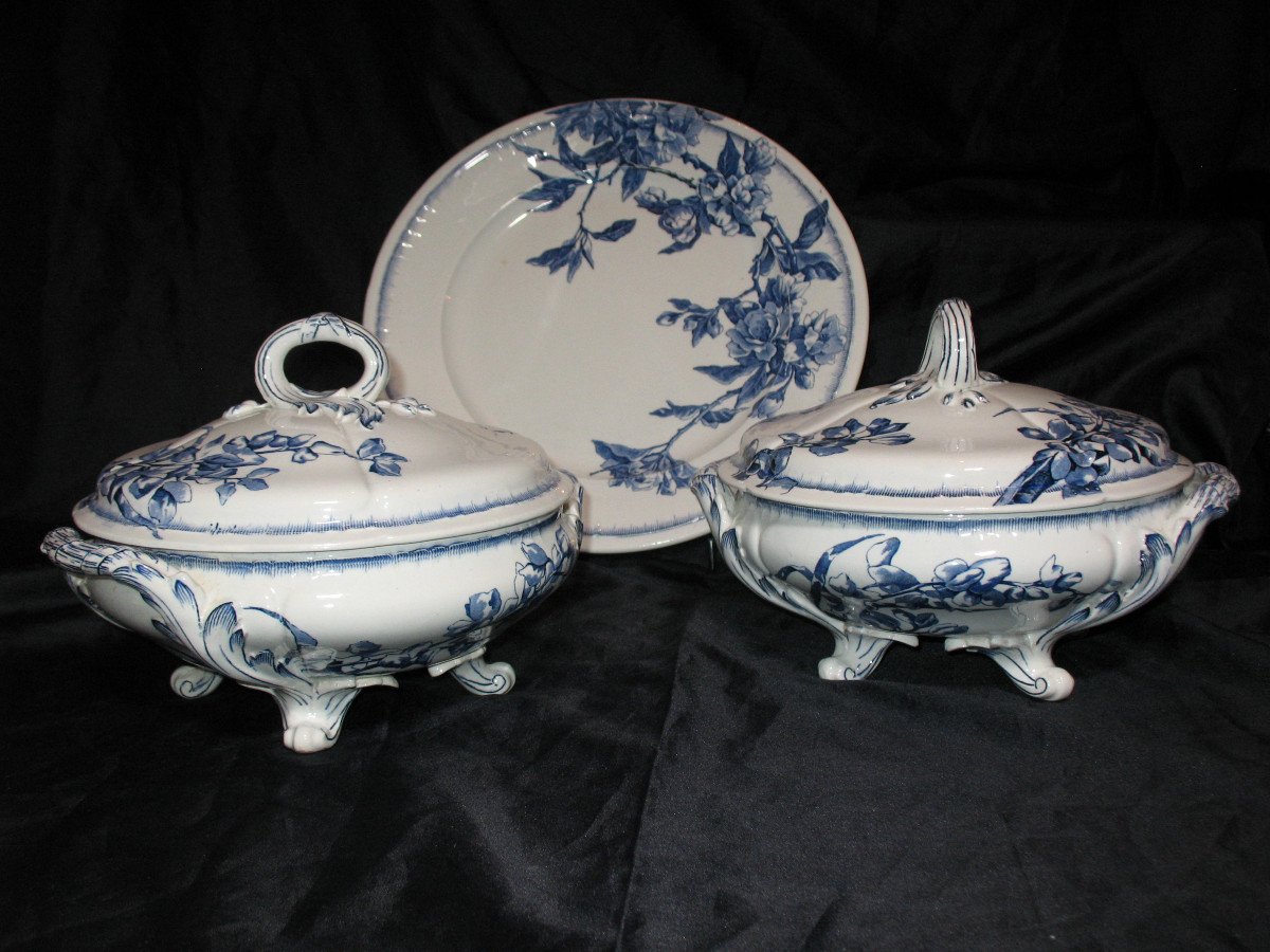 Table Service In Fine Bordeaux Earthenware Chevreuse Floral Decor 97 Pieces 19th Century-photo-6