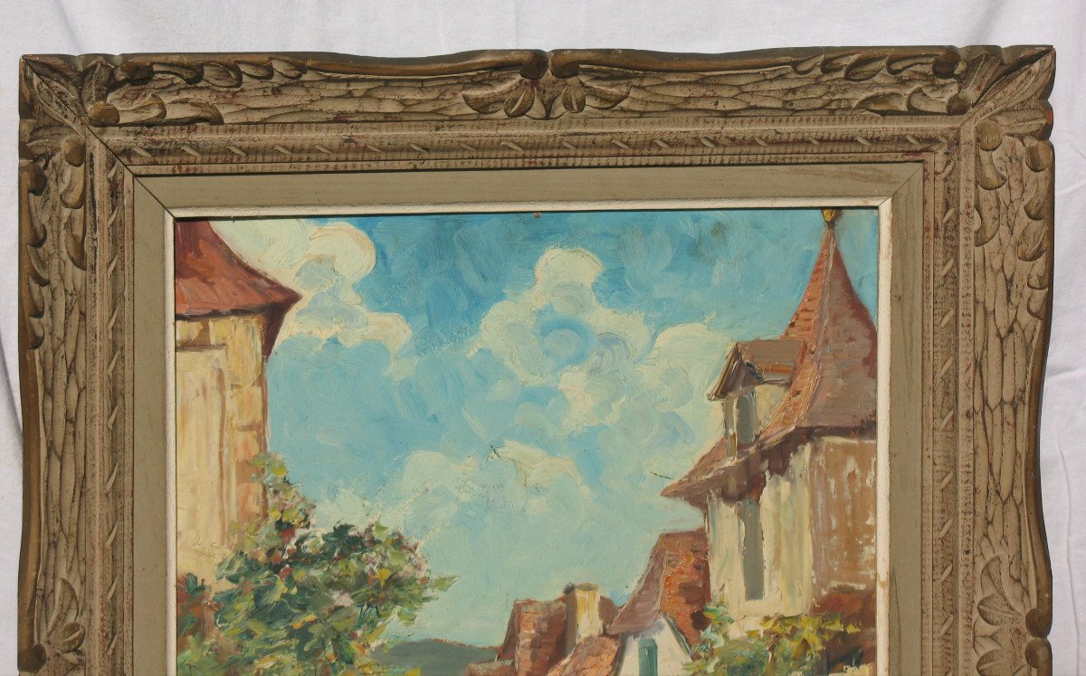 Jacques Rozier Rue de village en Périgord huile sur panneau d'isorel datée-photo-3