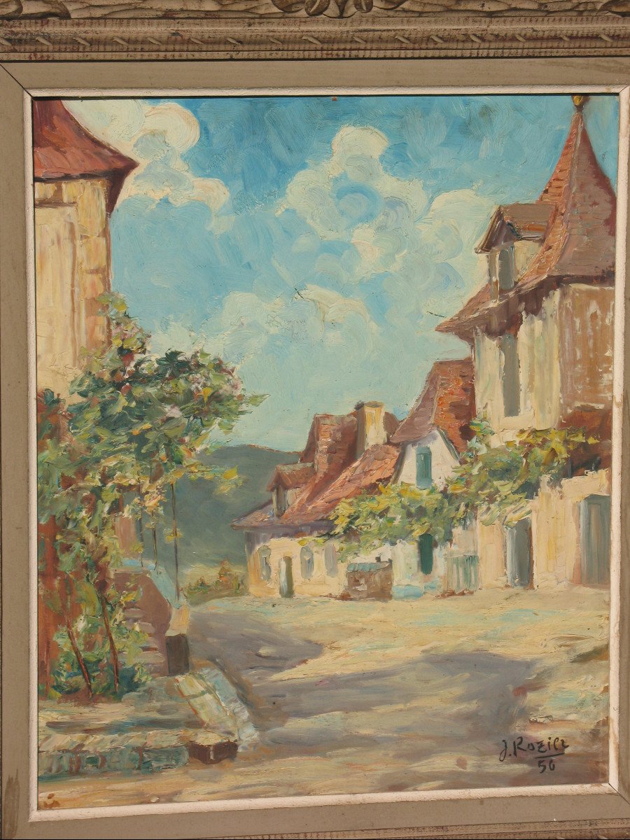 Jacques Rozier Rue de village en Périgord huile sur panneau d'isorel datée-photo-4