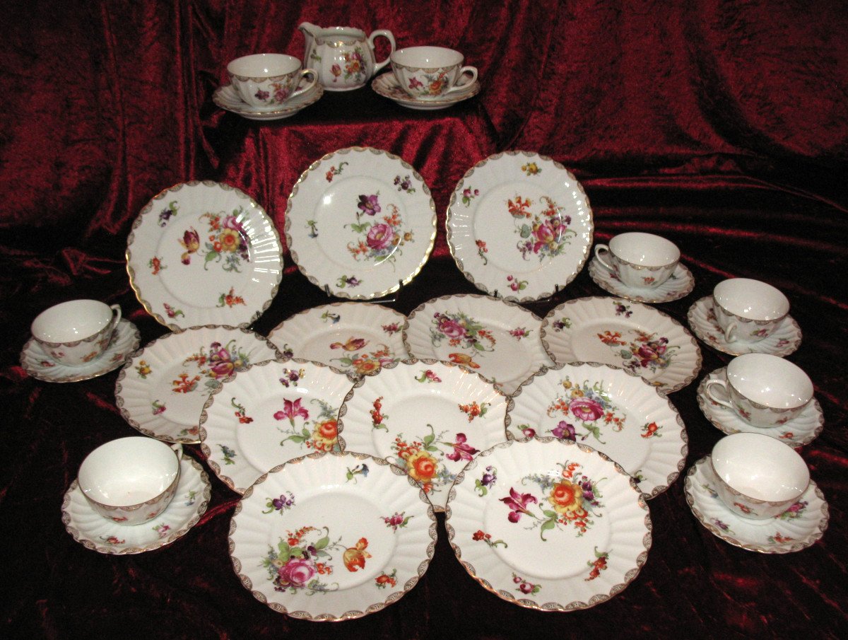Porcelain Tea And Dessert Service Decorated With Saxony Flowers 29 Pieces