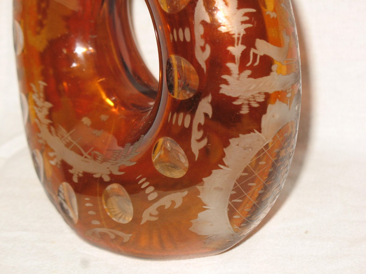 Bohemian Amber Glass Gourd Vase Decorated With Animals And Forest Landscapes, 19th Century-photo-4