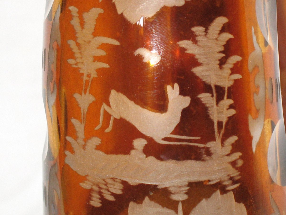 Bohemian Amber Glass Gourd Vase Decorated With Animals And Forest Landscapes, 19th Century-photo-5