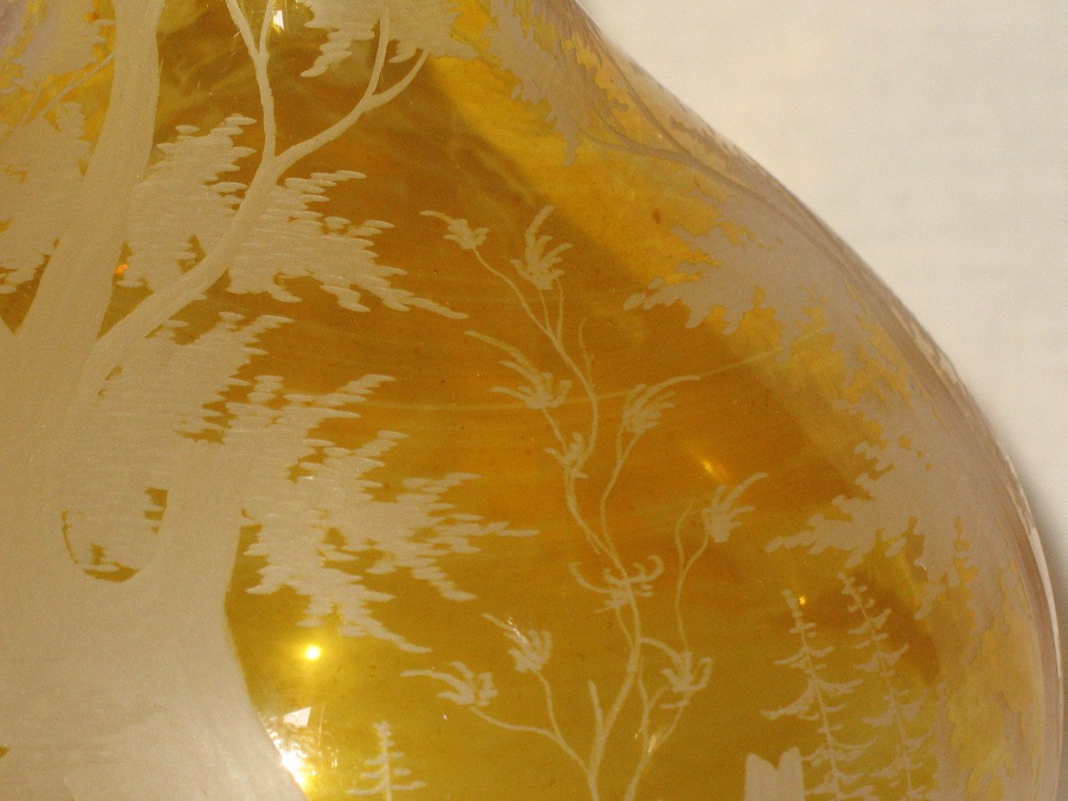Bohemian Amber Glass Ball Vase Decorated With Animals And Forest Landscapes 19th Century-photo-1