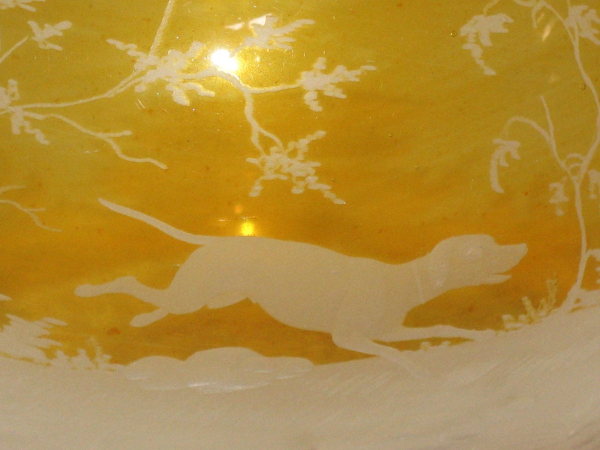 Vase boule en verre de Bohème ambre à décor d'animaux et paysages de forêts époque 19ème-photo-6