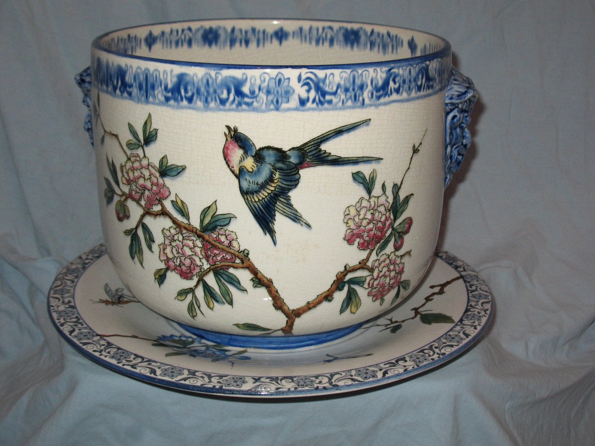 Large Cache Pot And Its Frame In Gien Earthenware Japanese Decor With A Bird, 19th Century-photo-4