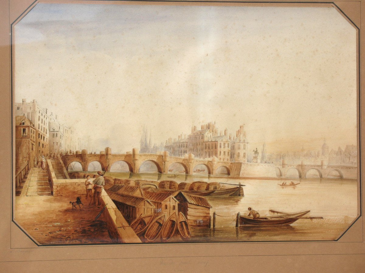View Of The Pont Neuf In Paris Large Framed Watercolor 19th Century-photo-2
