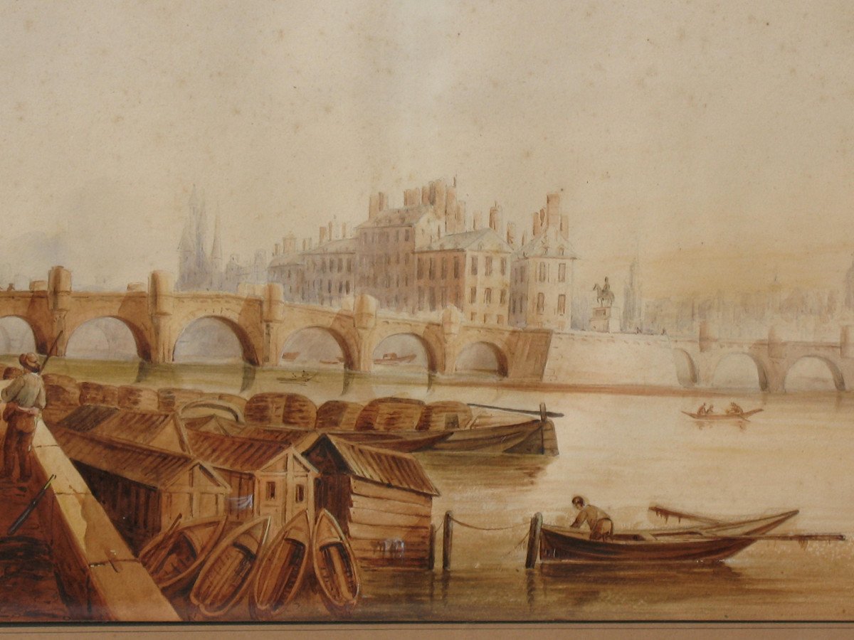 View Of The Pont Neuf In Paris Large Framed Watercolor 19th Century-photo-3