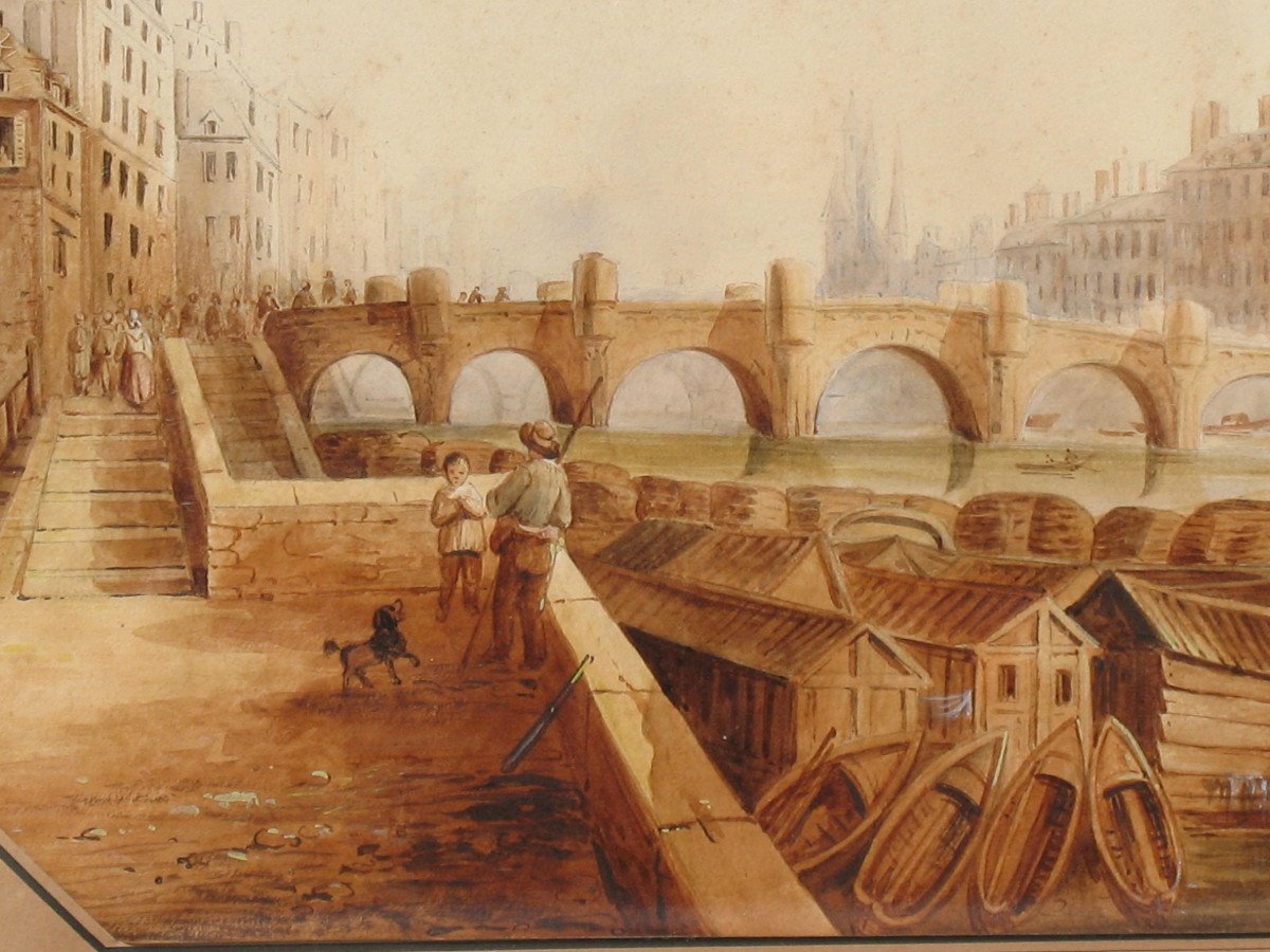 View Of The Pont Neuf In Paris Large Framed Watercolor 19th Century-photo-4