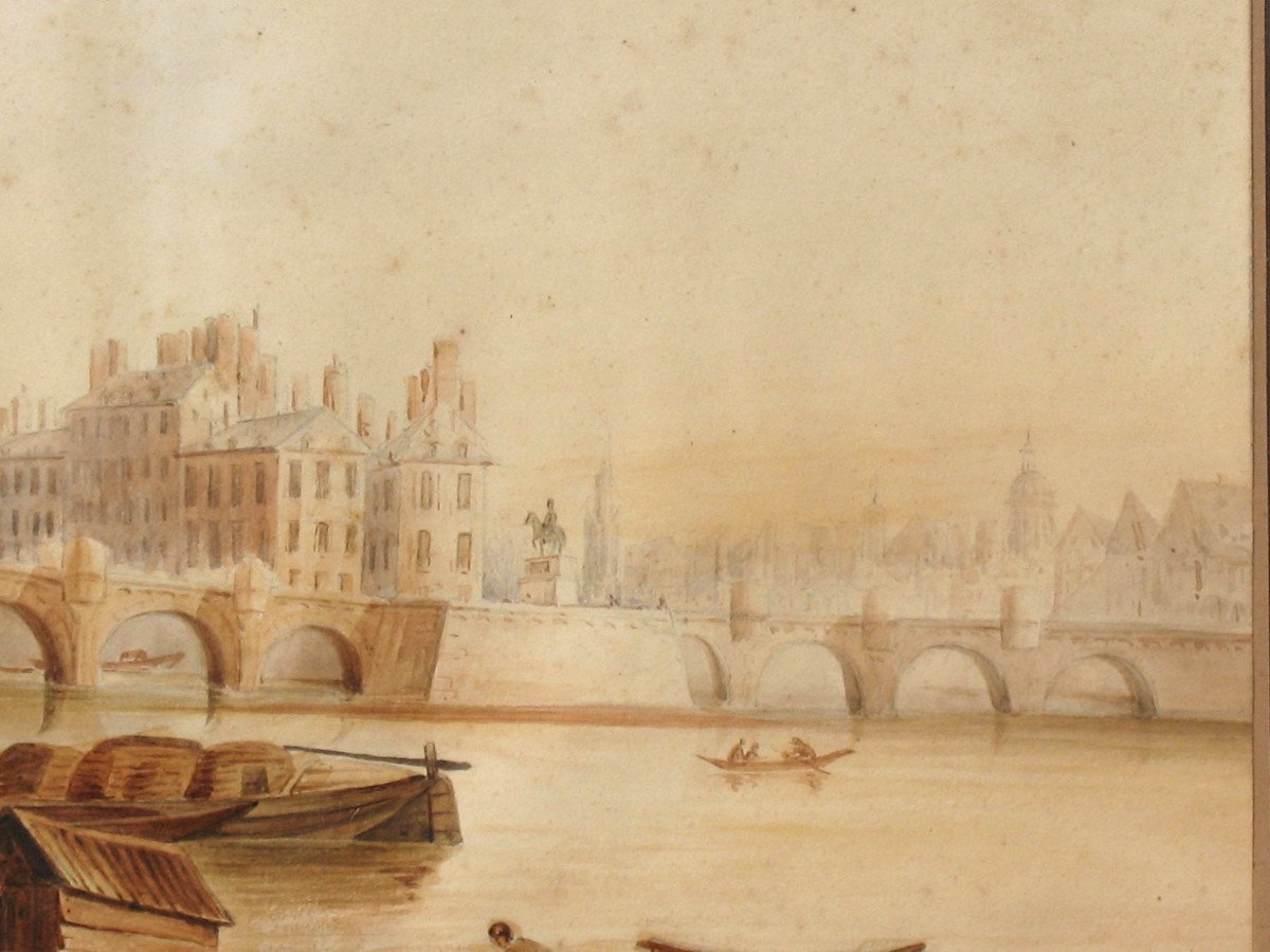 View Of The Pont Neuf In Paris Large Framed Watercolor 19th Century-photo-1