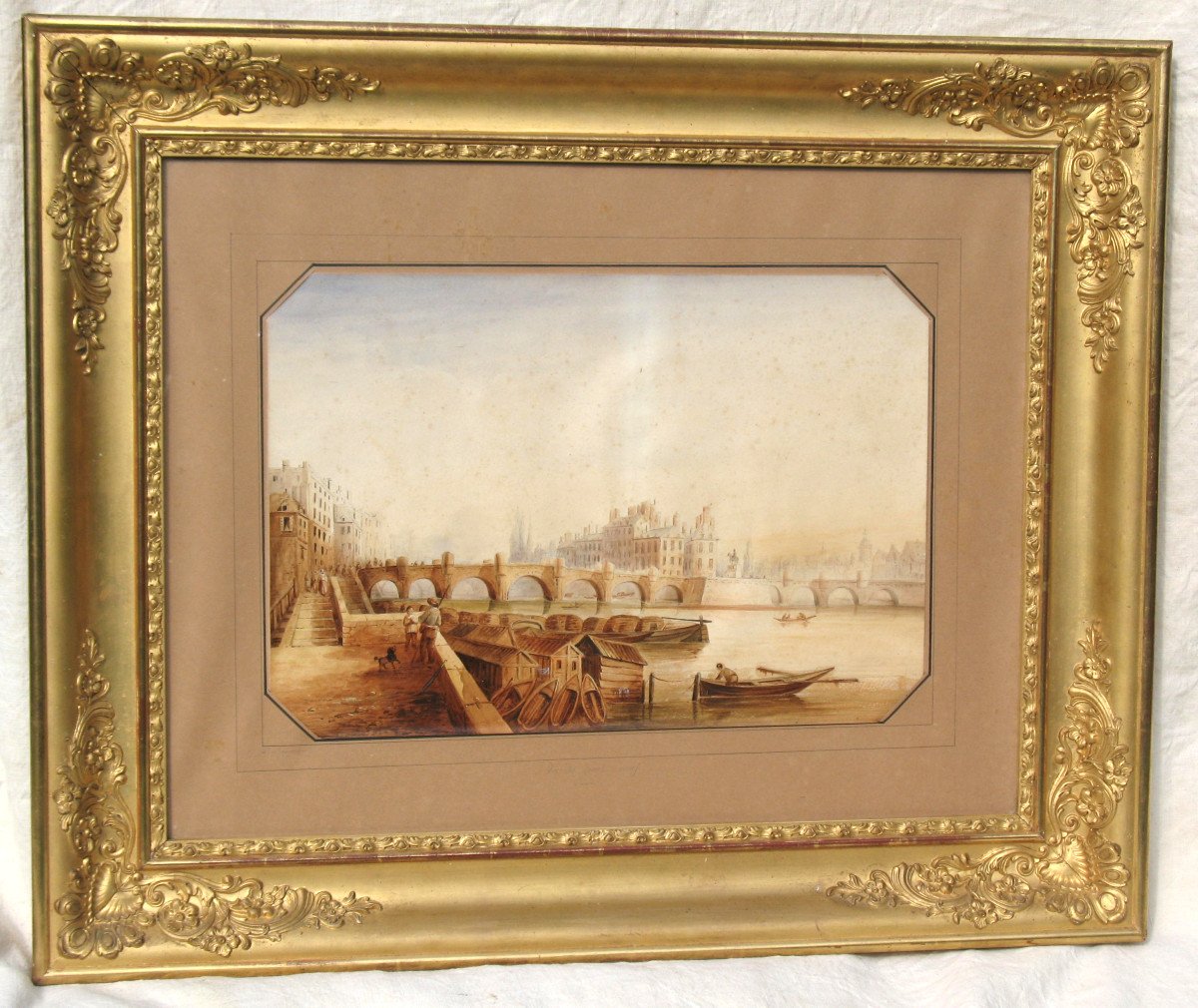 View Of The Pont Neuf In Paris Large Framed Watercolor 19th Century