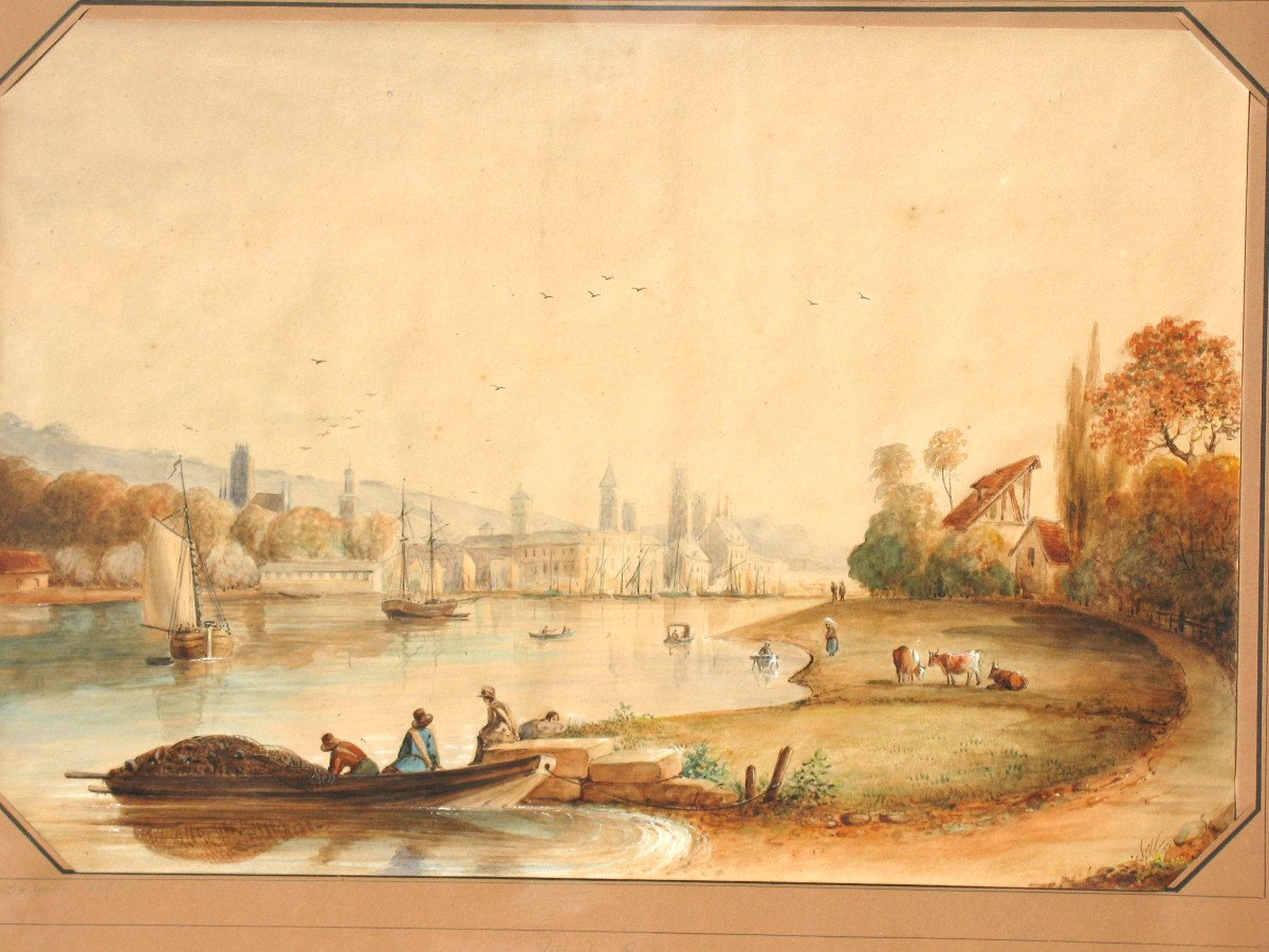 Vue de Rouen grande aquarelle encadrée époque 19ème-photo-4