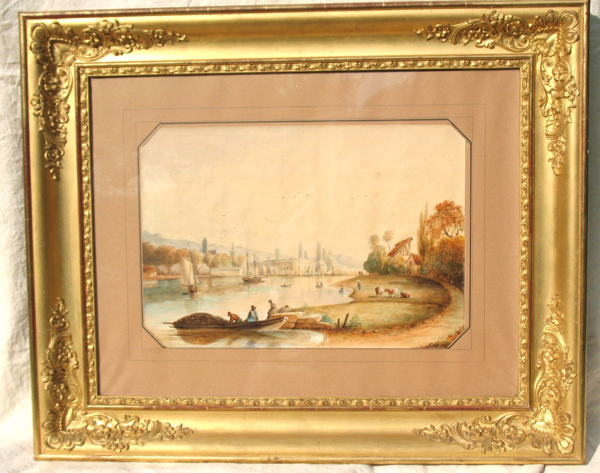 Vue de Rouen grande aquarelle encadrée époque 19ème