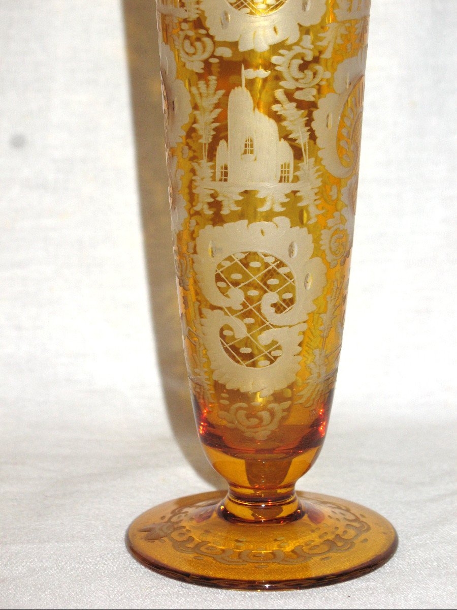 Pair Of Bohemian Amber Glass Vases With Engraved Decoration Of Animals And Castle, 19th Century-photo-1