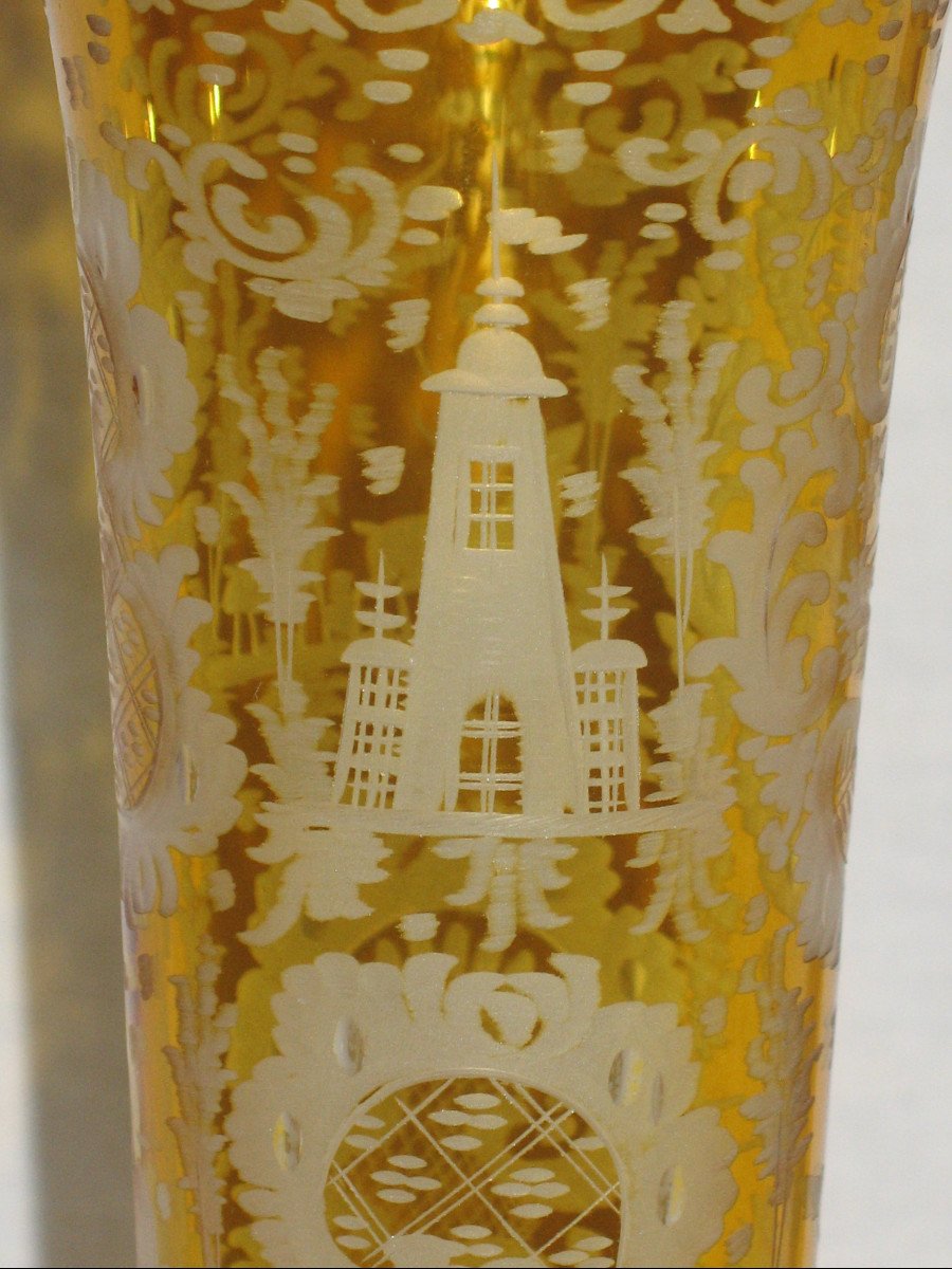 Pair Of Bohemian Amber Glass Vases With Engraved Decoration Of Animals And Castle, 19th Century-photo-2
