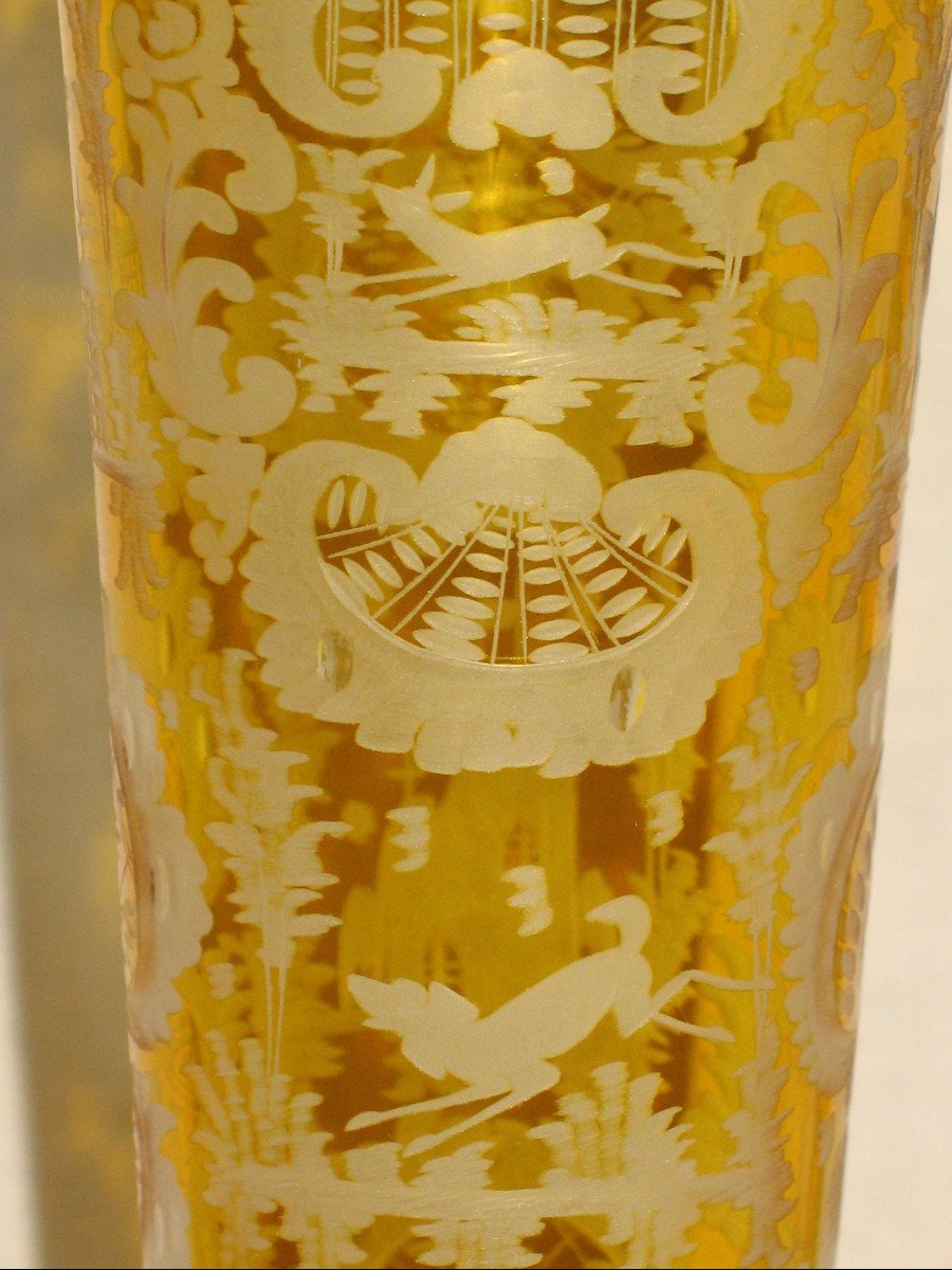 Pair Of Bohemian Amber Glass Vases With Engraved Decoration Of Animals And Castle, 19th Century-photo-3