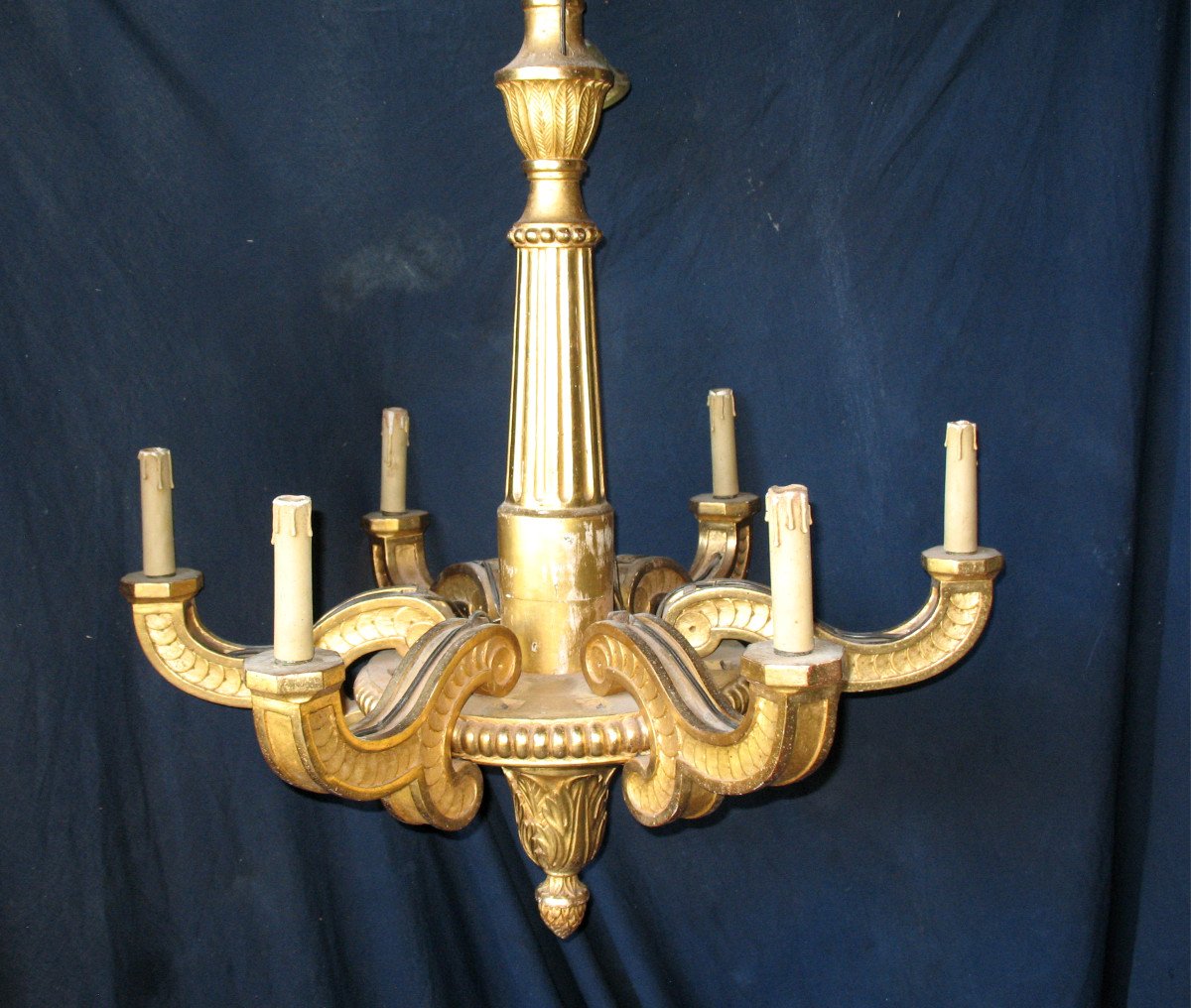 Empire Style Chandelier In Gilded Wood With 6 Arms Of Light, Early 19th Century-photo-2