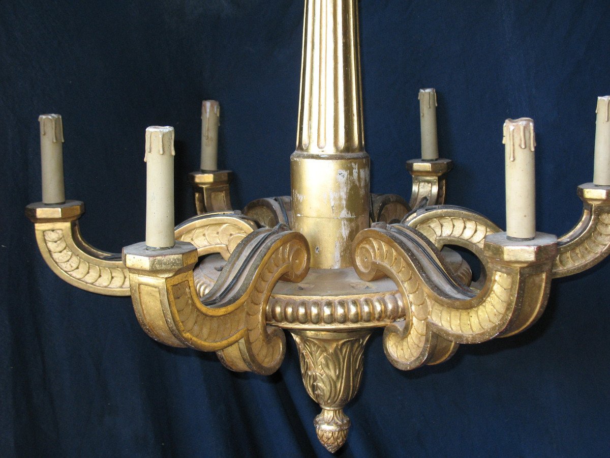 Empire Style Chandelier In Gilded Wood With 6 Arms Of Light, Early 19th Century-photo-4