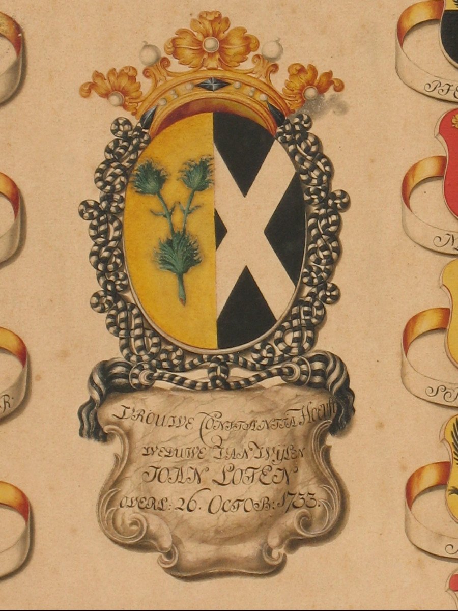 6  gouaches à décor héraldique signées Horst généalogie avec blasons de Joan  Loten ép. 18ème-photo-2