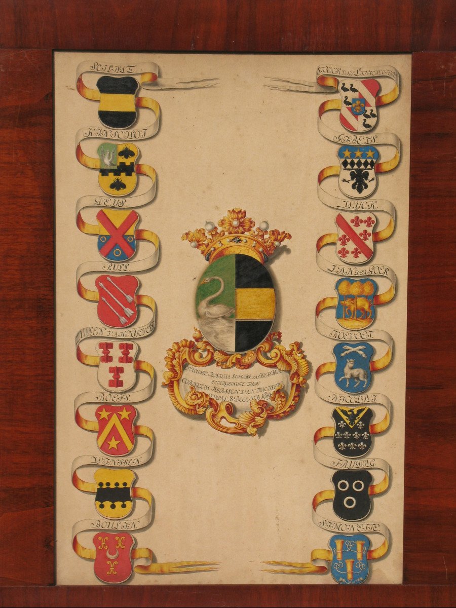 6  gouaches à décor héraldique signées Horst généalogie avec blasons de Joan  Loten ép. 18ème-photo-3
