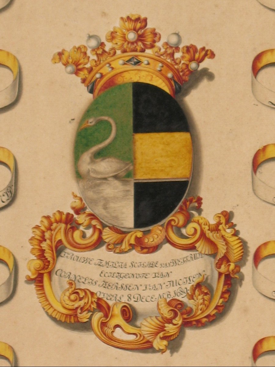 6  gouaches à décor héraldique signées Horst généalogie avec blasons de Joan  Loten ép. 18ème-photo-4