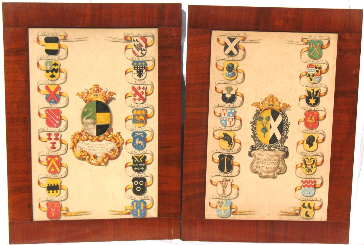 6  gouaches à décor héraldique signées Horst généalogie avec blasons de Joan  Loten ép. 18ème-photo-5
