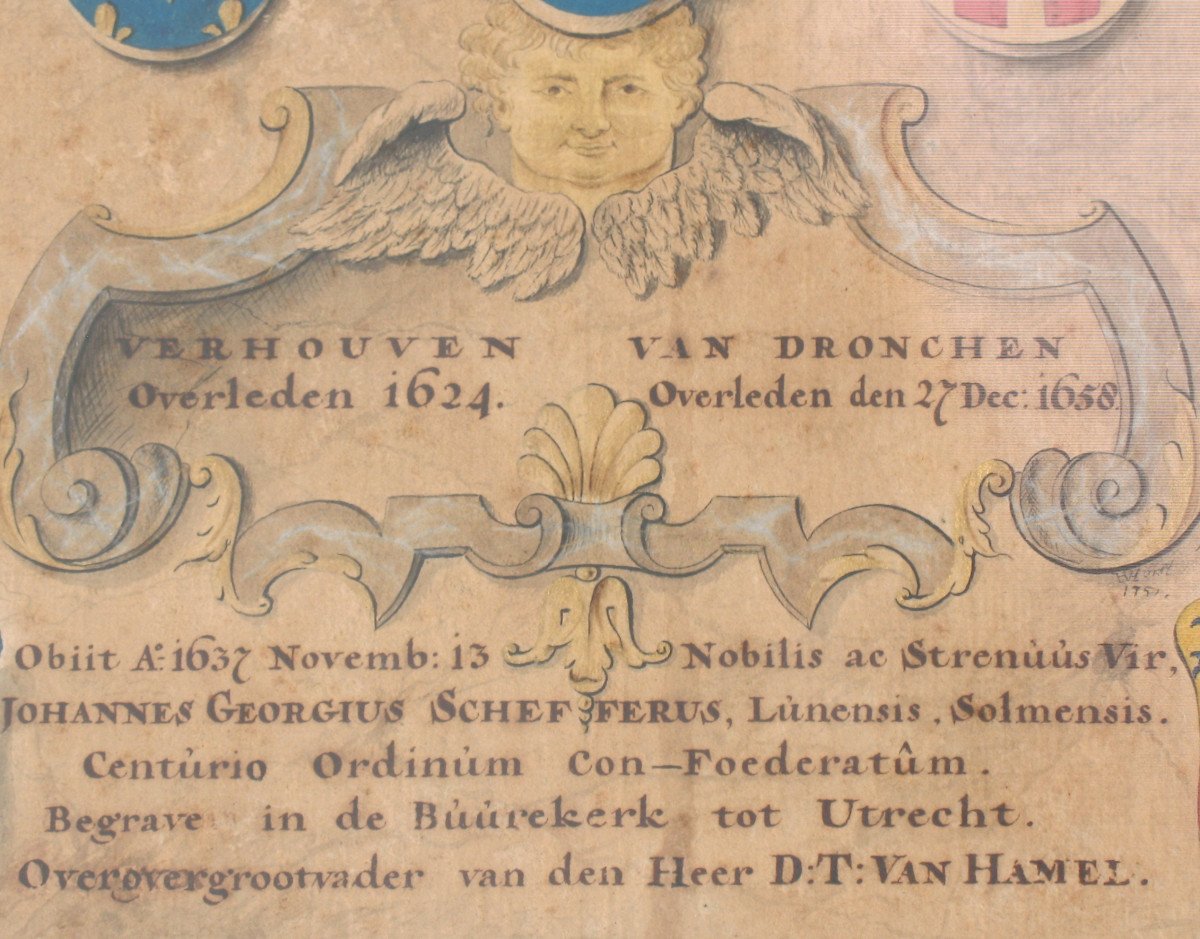 6  gouaches à décor héraldique signées Horst généalogie avec blasons de Joan  Loten ép. 18ème-photo-7