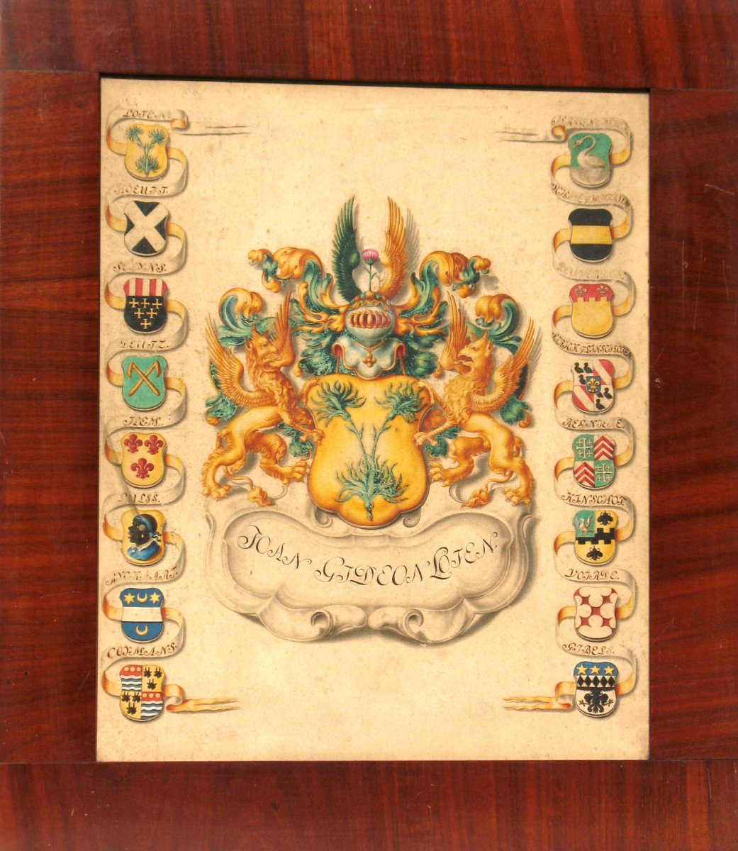 6  gouaches à décor héraldique signées Horst généalogie avec blasons de Joan  Loten ép. 18ème-photo-8