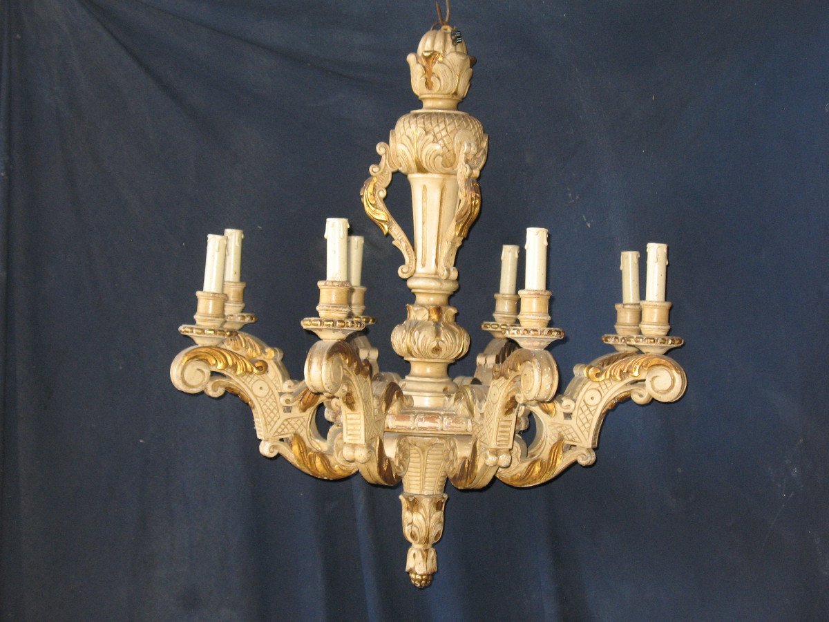 Grand lustre en bois sculpté rechampi de style Louis XIV à 8  bras de lumière époque 19ème-photo-8