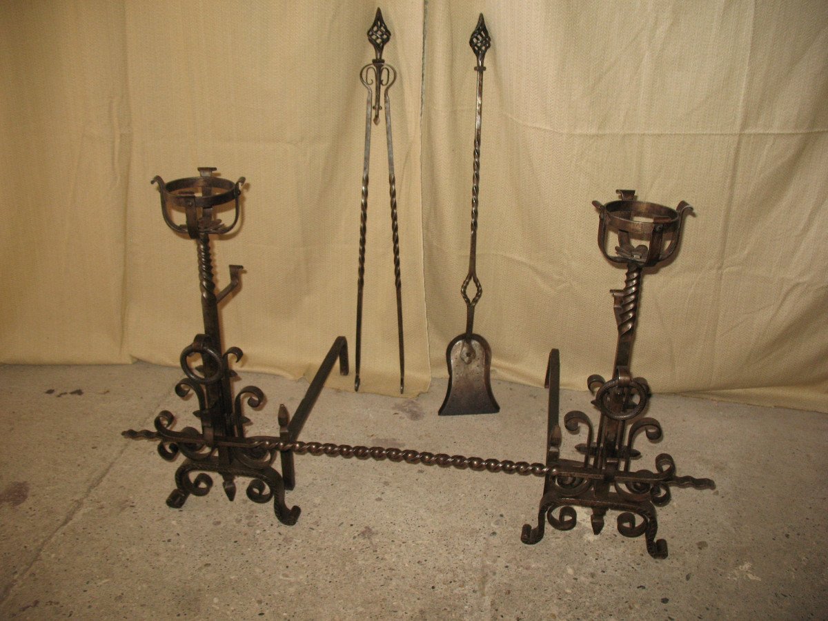 Pair Of Wrought Iron Andiron Landiers Complete With Tweezer Shovel And Bar, 20th Century-photo-2