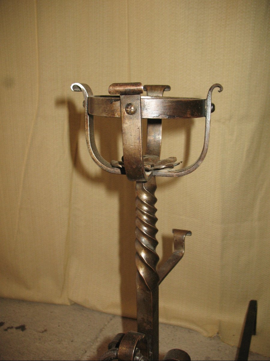 Pair Of Wrought Iron Andiron Landiers Complete With Tweezer Shovel And Bar, 20th Century-photo-3
