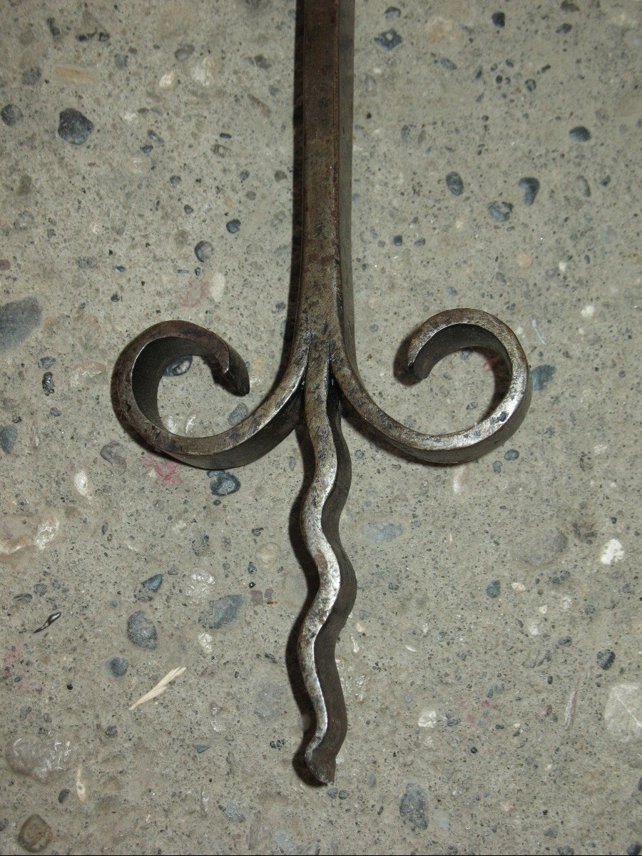 Pair Of Wrought Iron Andiron Landiers Complete With Tweezer Shovel And Bar, 20th Century-photo-5