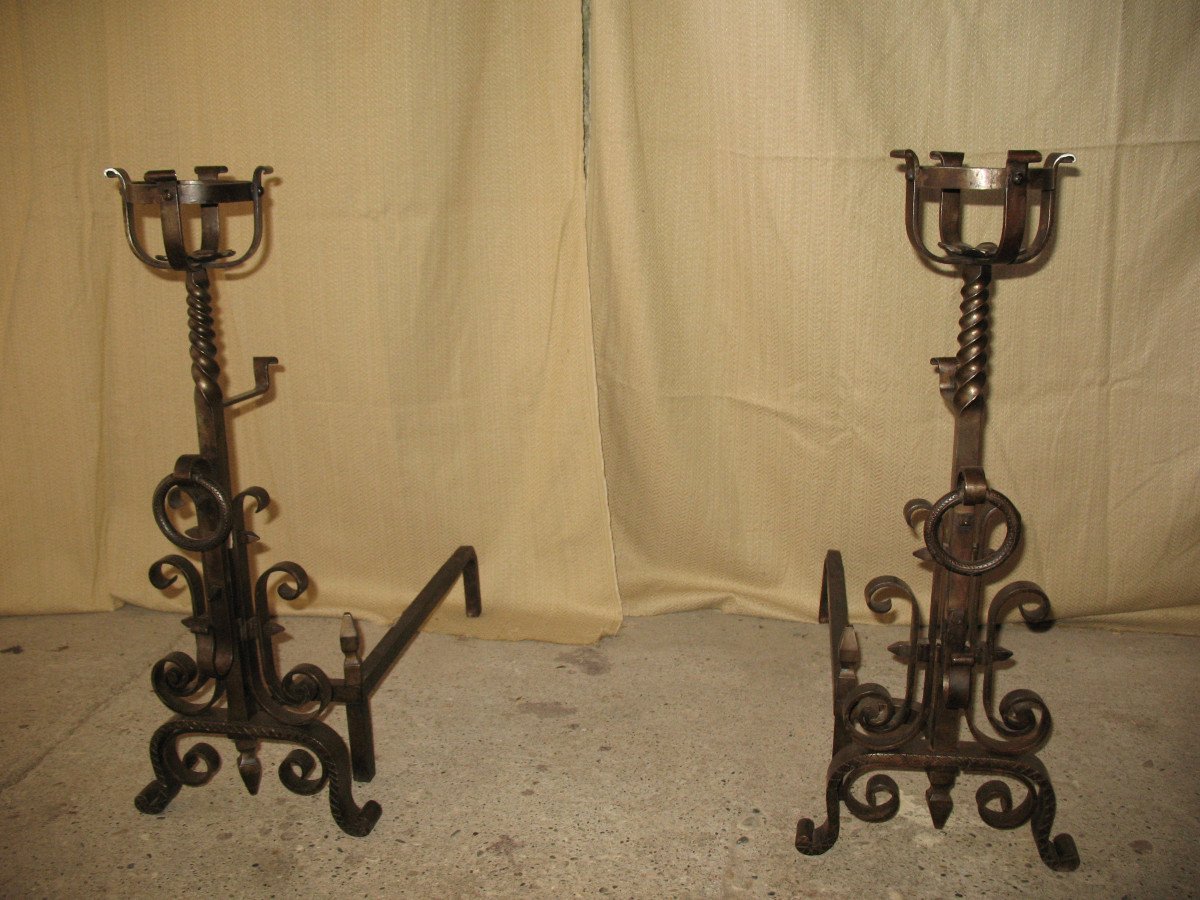 Pair Of Wrought Iron Andiron Landiers Complete With Tweezer Shovel And Bar, 20th Century-photo-6