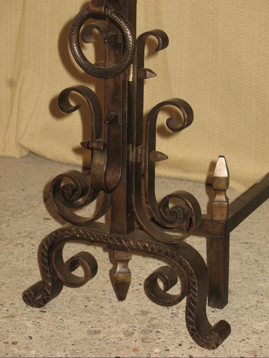 Pair Of Wrought Iron Andiron Landiers Complete With Tweezer Shovel And Bar, 20th Century-photo-7