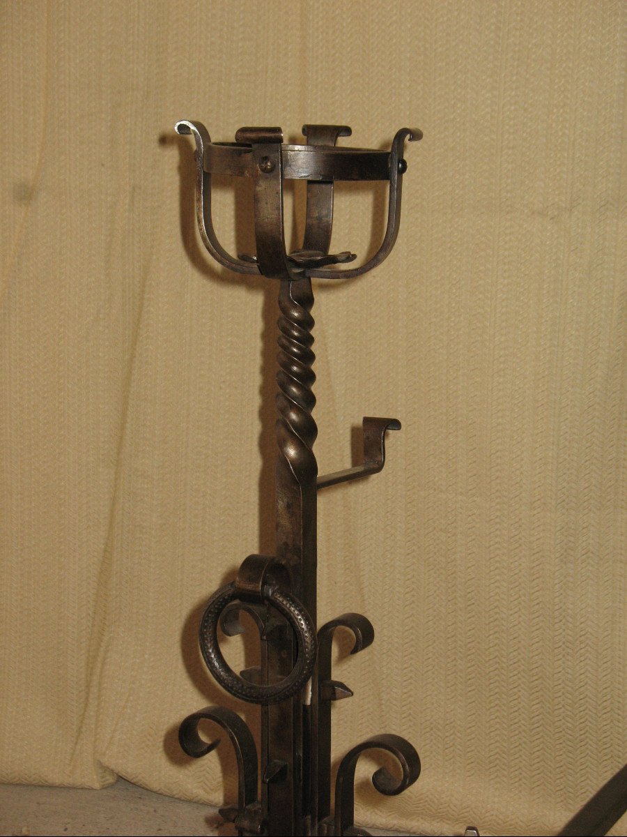 Pair Of Wrought Iron Andiron Landiers Complete With Tweezer Shovel And Bar, 20th Century-photo-8
